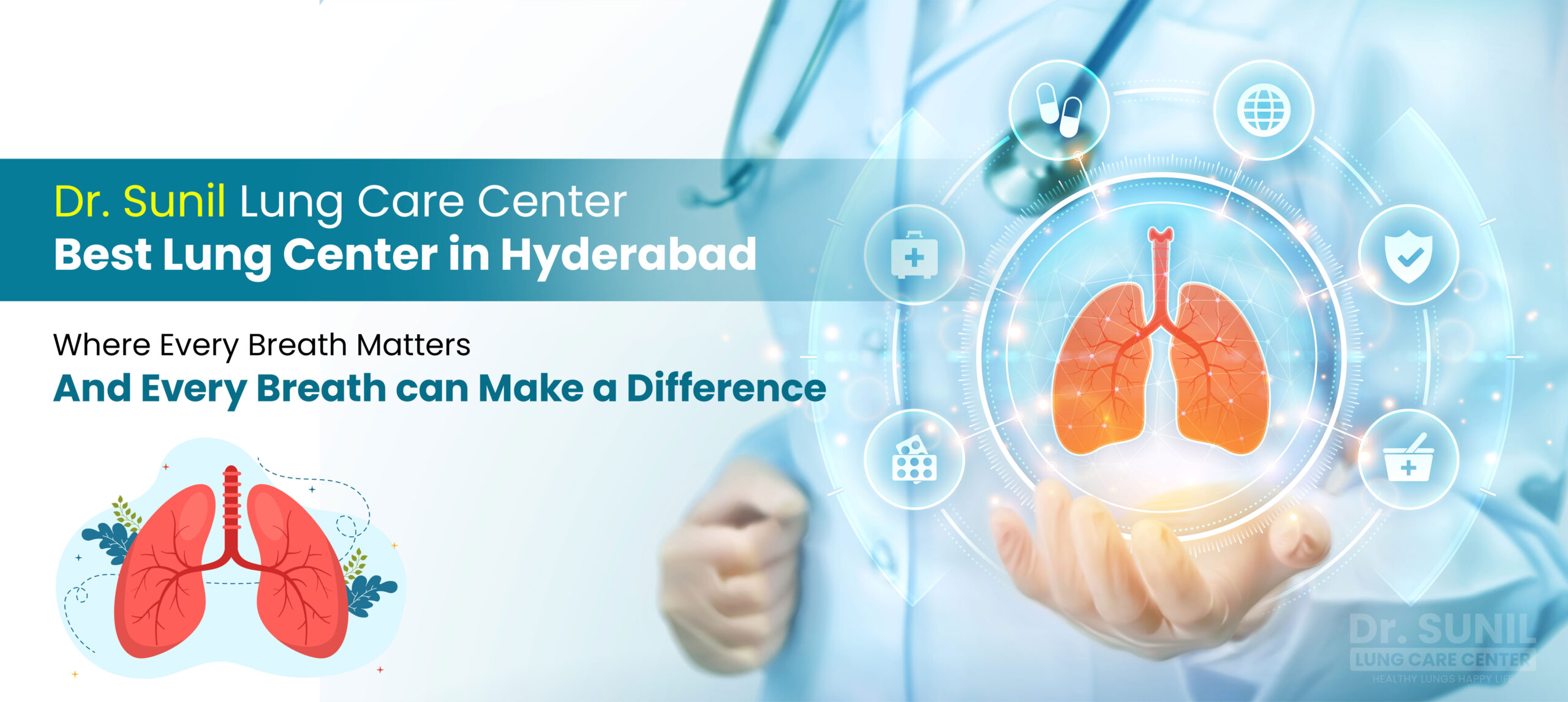 Lung care specialist at Dr. Sunil Lung Care Center in Hyderabad holding digital lung illustration, highlighting advanced respiratory care.